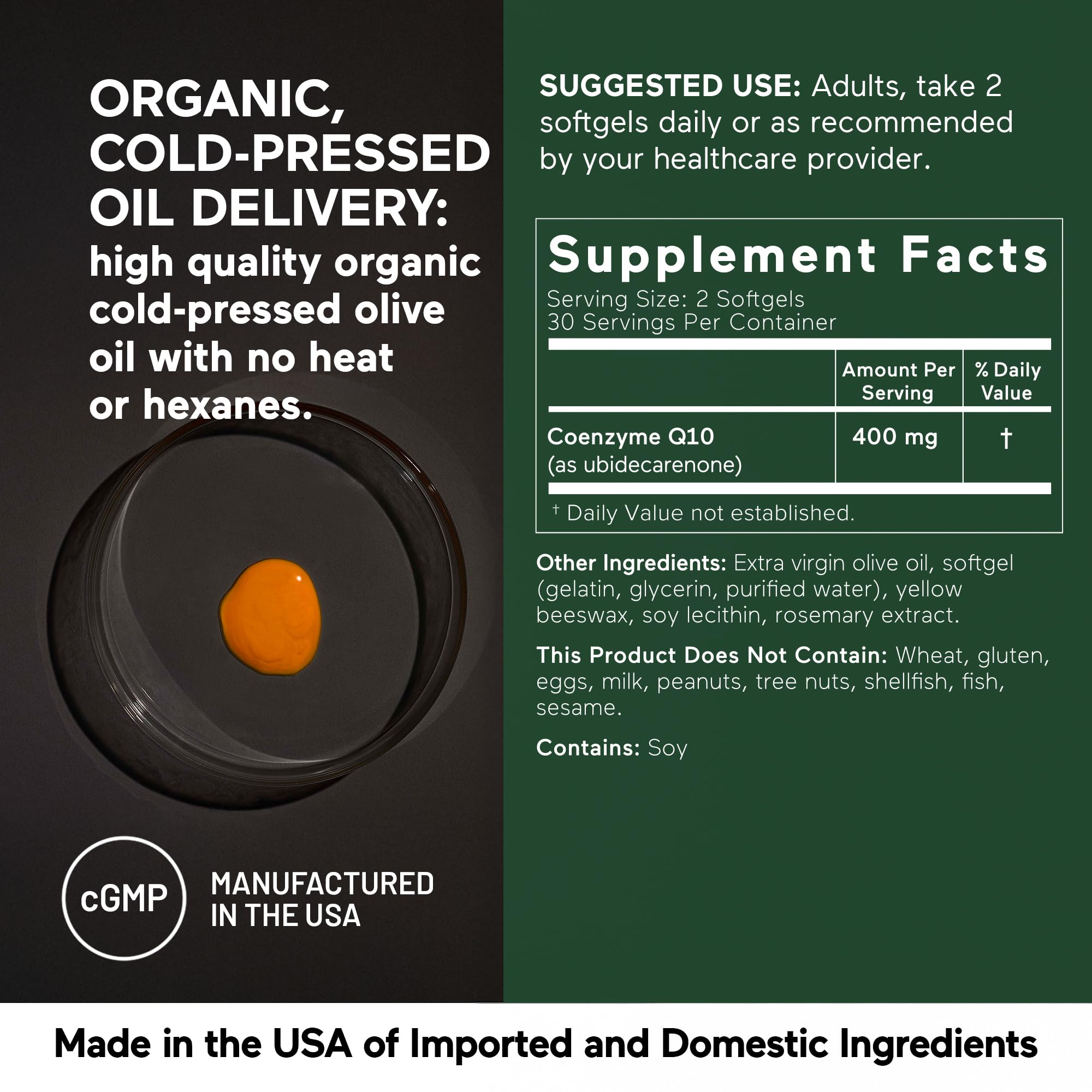 SmartenNutrition CoQ10 label highlights non-GMO and gluten-free formula.