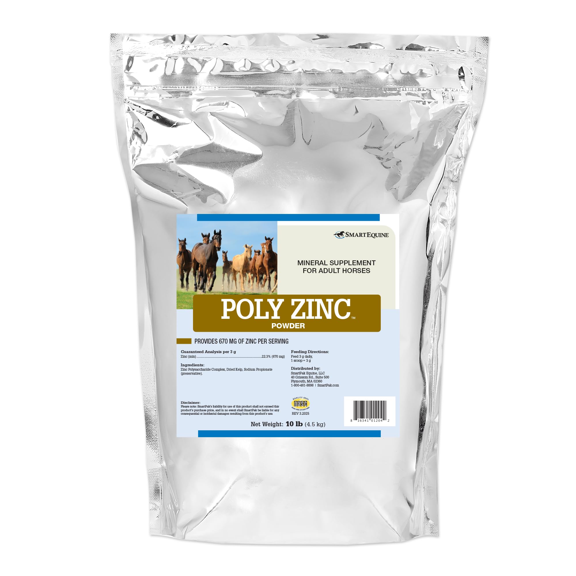 SmartEquine Poly Zinc Powder bottle demonstrates targeted zinc support for horses.