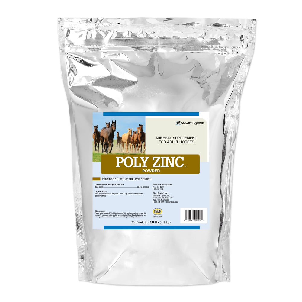 SmartEquine Poly Zinc Powder bottle demonstrates targeted zinc support for horses.
