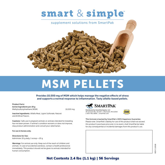 SmartEquine MSM pellets bottle close-up shows targeted formula for recovery support.