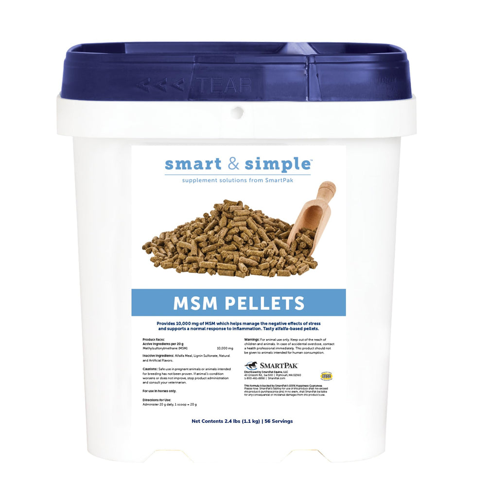 SmartEquine MSM pellets in bucket support easy, consistent daily dosing.