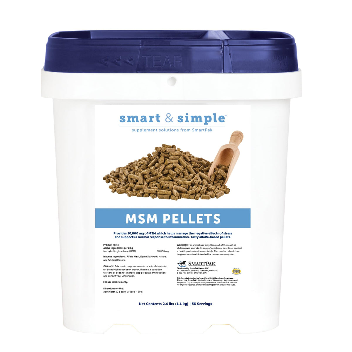 SmartEquine MSM pellets in bucket support easy, consistent daily dosing.