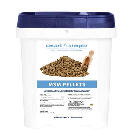 SmartEquine MSM pellets in bucket support easy, consistent daily dosing.