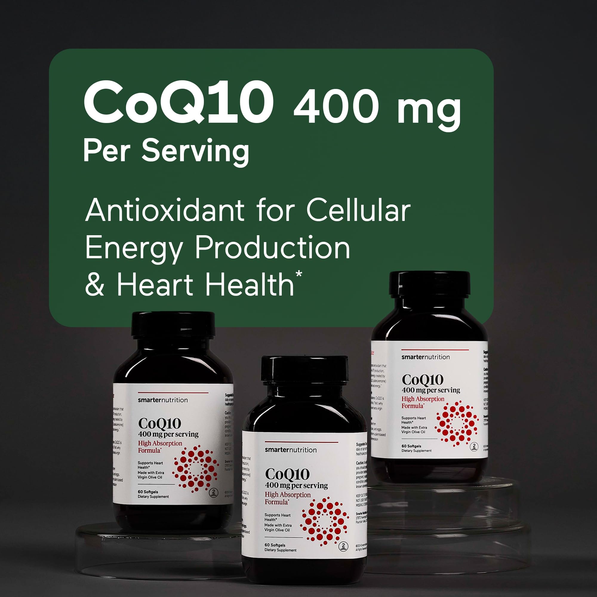 SMARTERNUTRITION CoQ10 softgels showing olive oil delivery for absorption