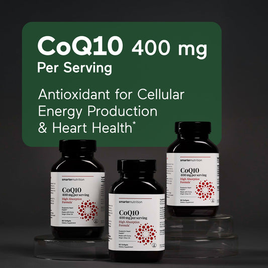 SMARTERNUTRITION CoQ10 softgels showing olive oil delivery for absorption