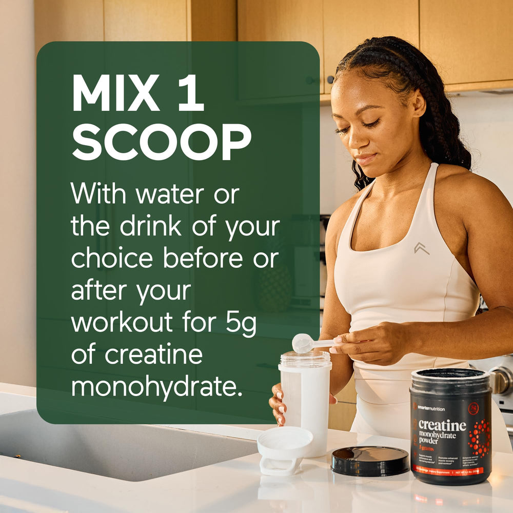 SMARTERNUTRITION Creatine Monohydrate Powder label closeup focusing on quality checks