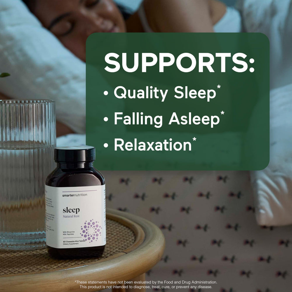 SmarterNutrition Smarter Sleep melatonin mint dissolvable tablet supports quick bedtime relaxation.