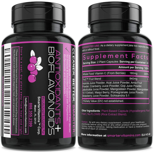 SmarterVitamins RAW Vitamin C capsules show 11-berry TruC blend for natural antioxidant support.