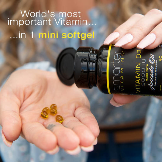 SmarterVitamins D3 5000 IU mini softgels close-up, compact and swallow-friendly.