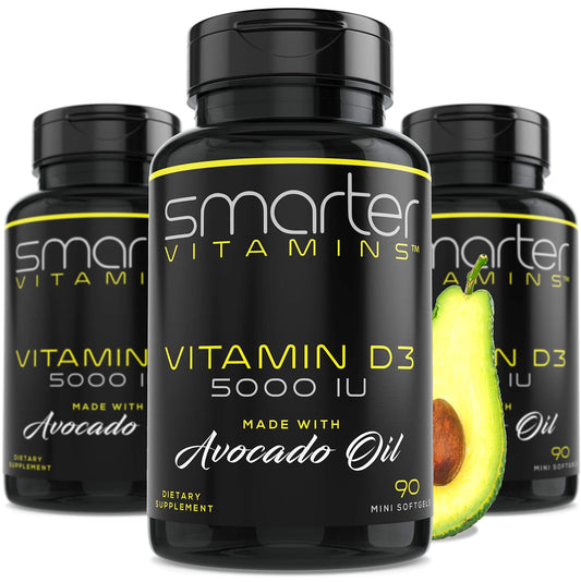 SmarterVitamins D3 avocado oil softgel bottle for easy daily use.