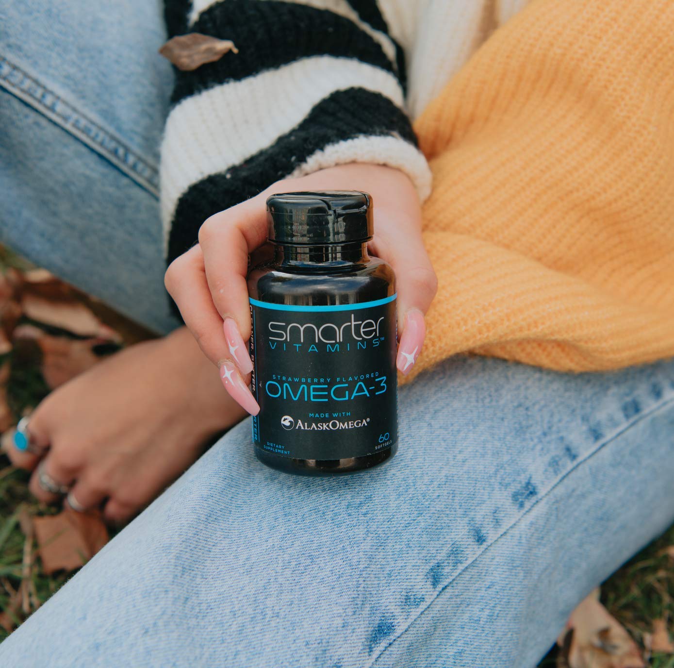 SmarterVitamins Omega3 bottle image communicates gluten-free and non-GMO formula.