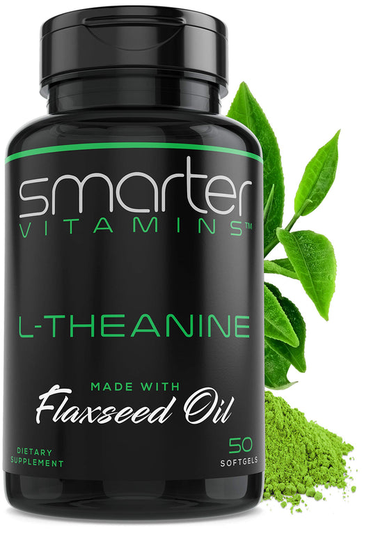 SmarterVitamins L-Theanine softgel bottle promotes calm focus without drowsiness.