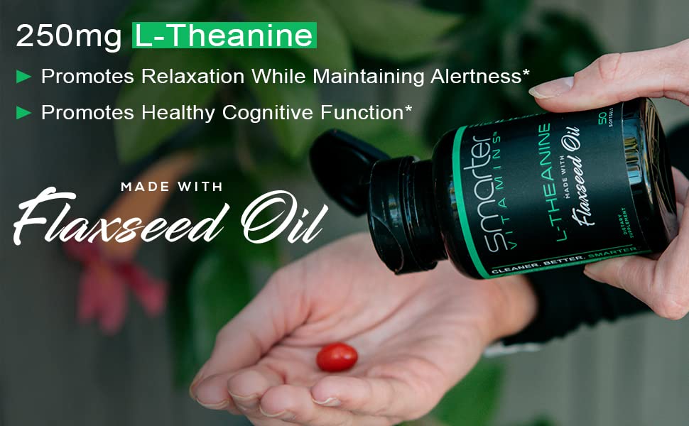 SmarterVitamins L-Theanine softgel in hand ready for daily use.