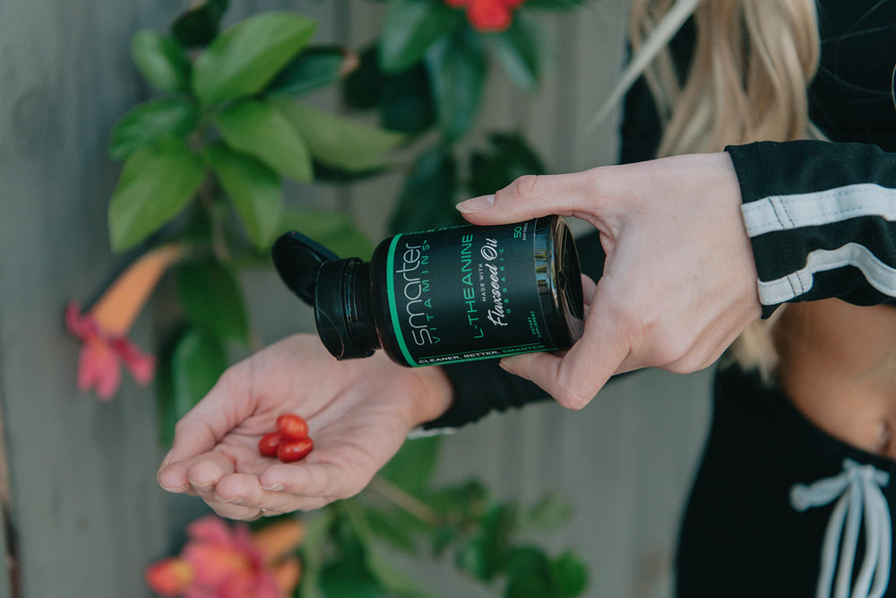 Close-up of SmarterVitamins L-Theanine softgels for smooth swallowing.