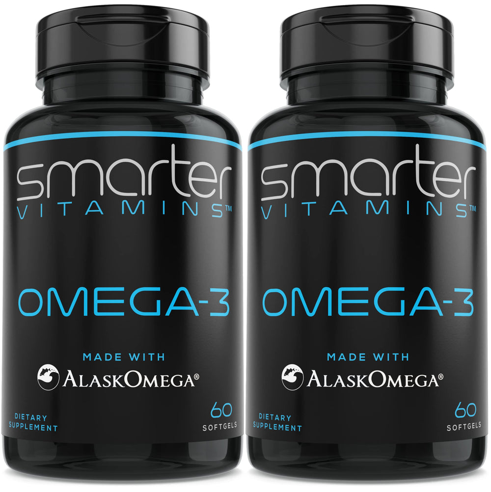 SmarterVitamins Omega-3 bottle with berry flavor and burpless softgels for daily intake.