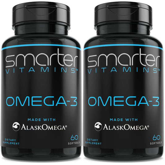 SmarterVitamins Omega-3 bottle with berry flavor and burpless softgels for daily intake.
