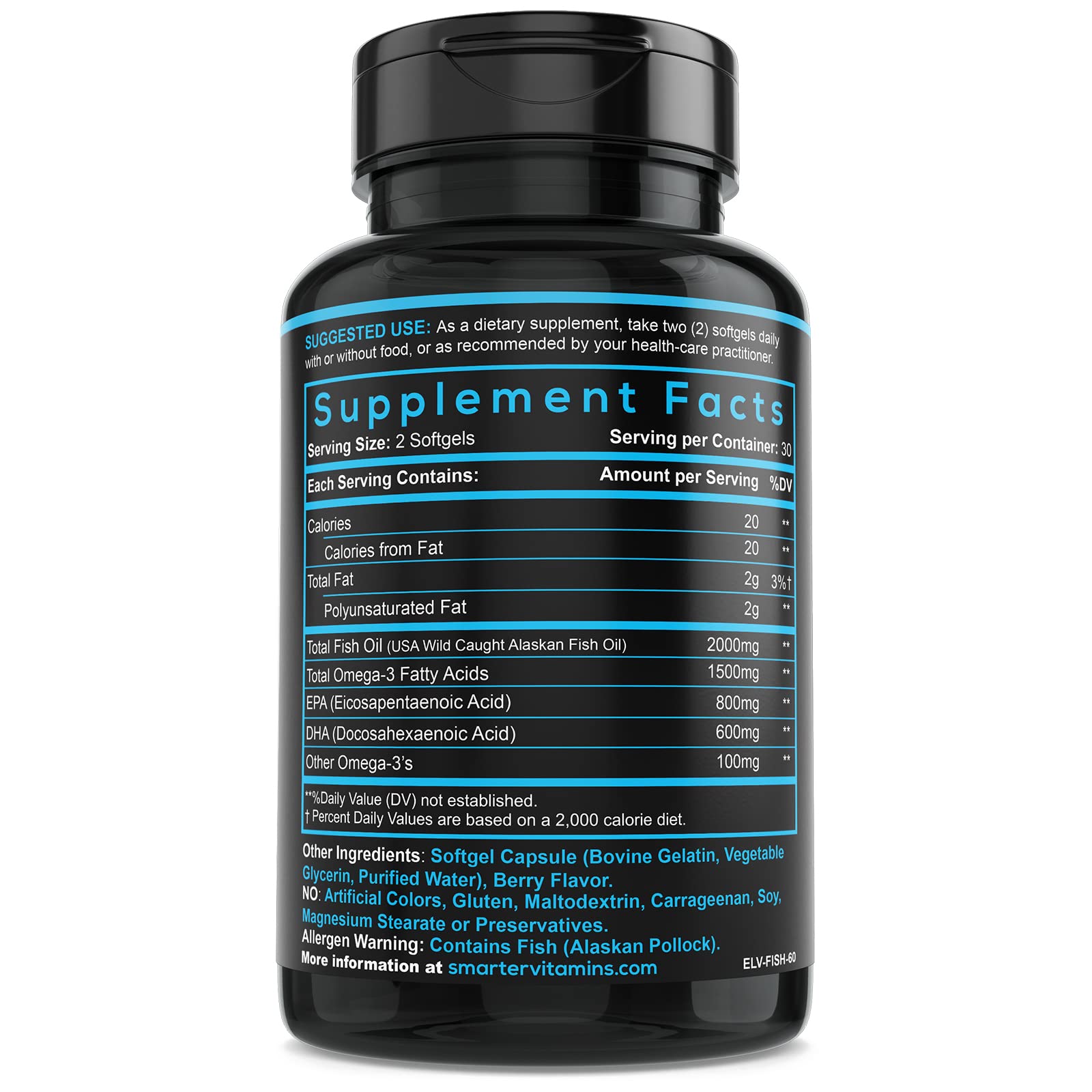 SmarterVitamins Omega-3 bottle burpless icon signaling no fishy aftertaste