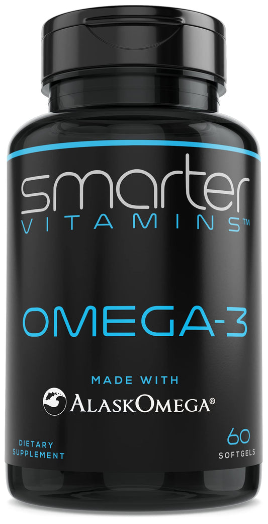 SmarterVitamins Omega-3 bottle front with burpless, berry-softgels for daily comfort