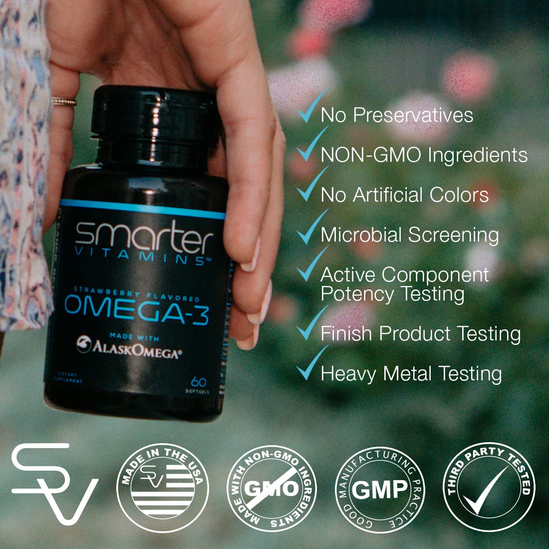 SmarterVitamins Omega-3 capsules in berry flavor for easy daily use.