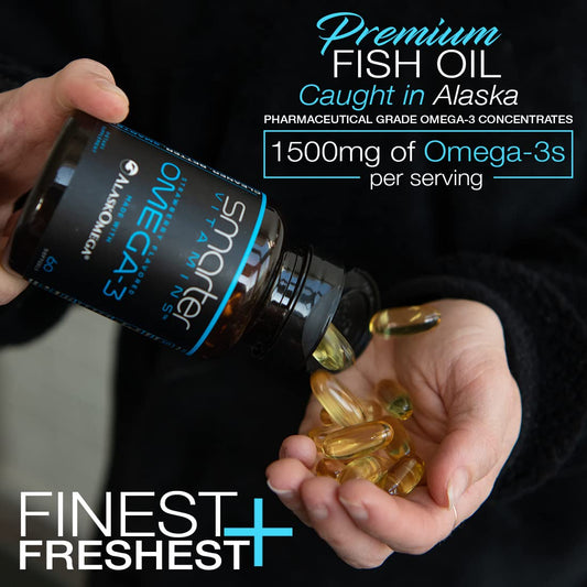 SmarterVitamins Omega-3 capsules shown as tasteless softgels with burpless delivery.