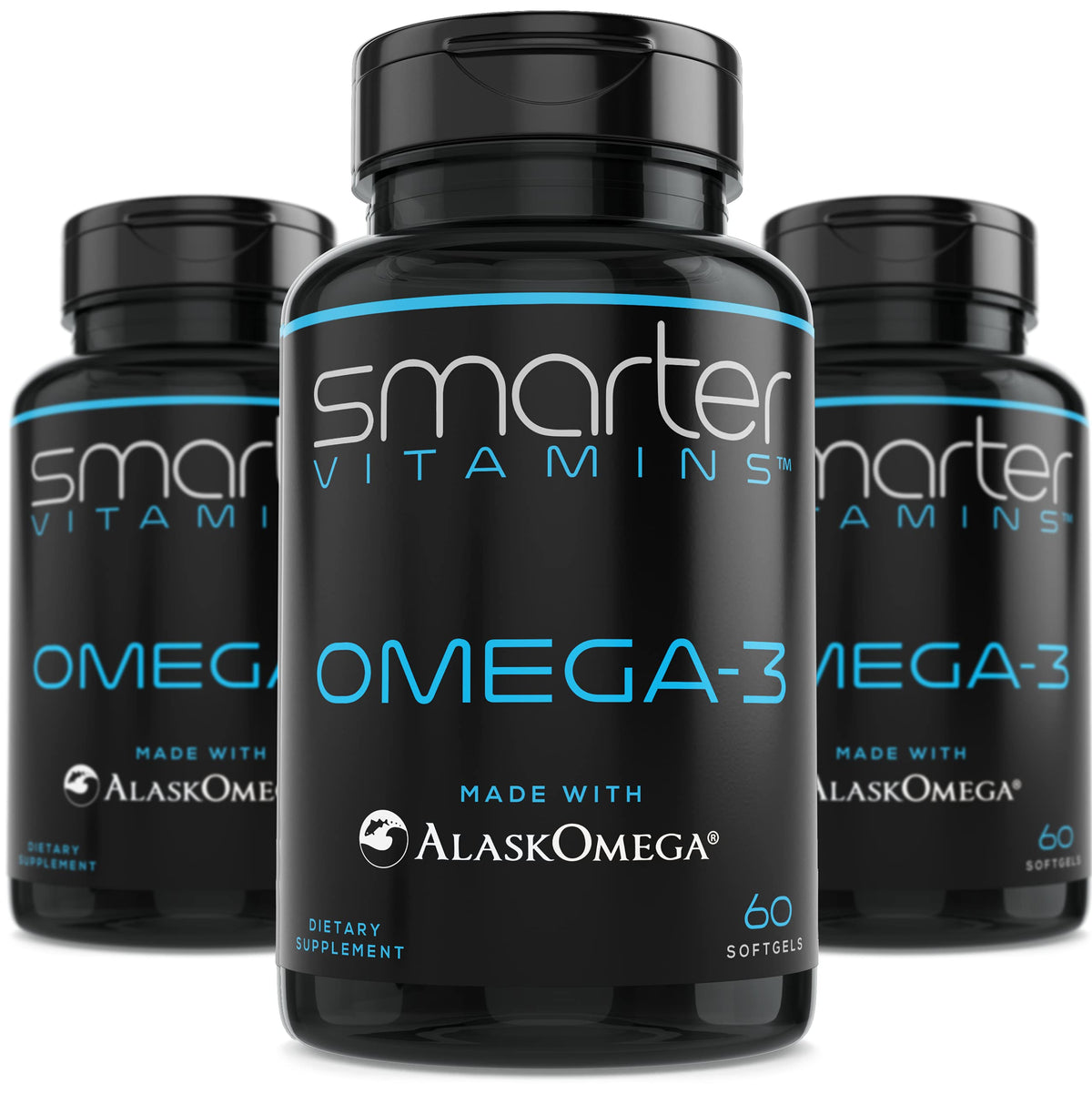 SmarterVitamins Smarter Omega3 berry bottle with burpless, tasteless softgels for daily use.