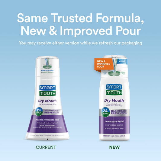 SmartMouth bottle closeup showing mint rinse for dry mouth support.