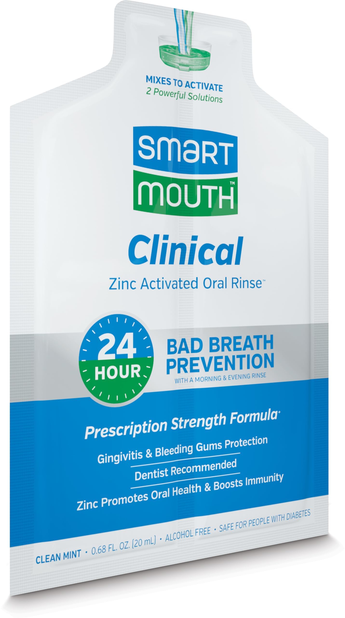 SmartMouth Clinical Rinse bottle with mint flavor conveying long-lasting freshness.