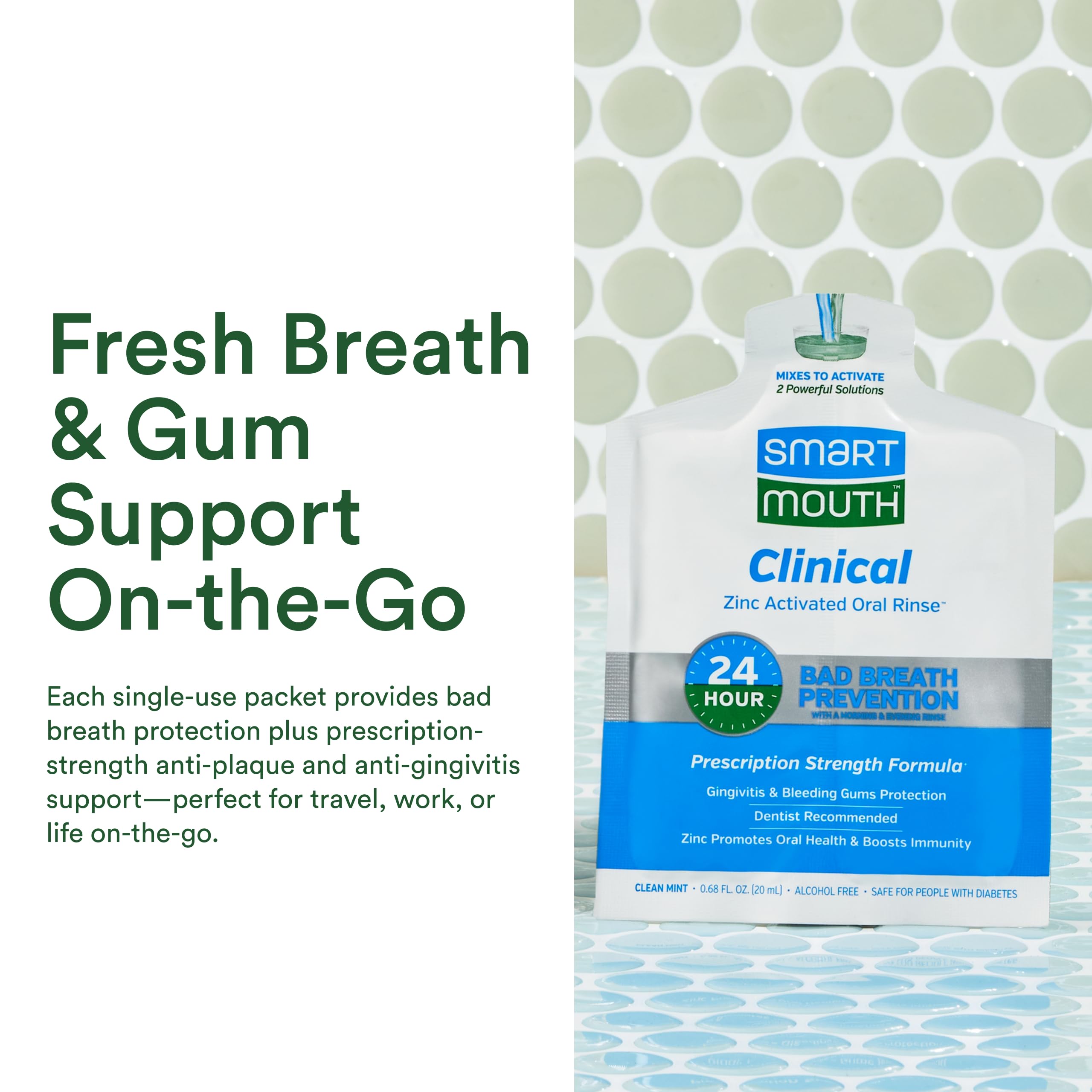 SmartMouth Clinical Rinse label closeup highlighting alcohol-free formula.