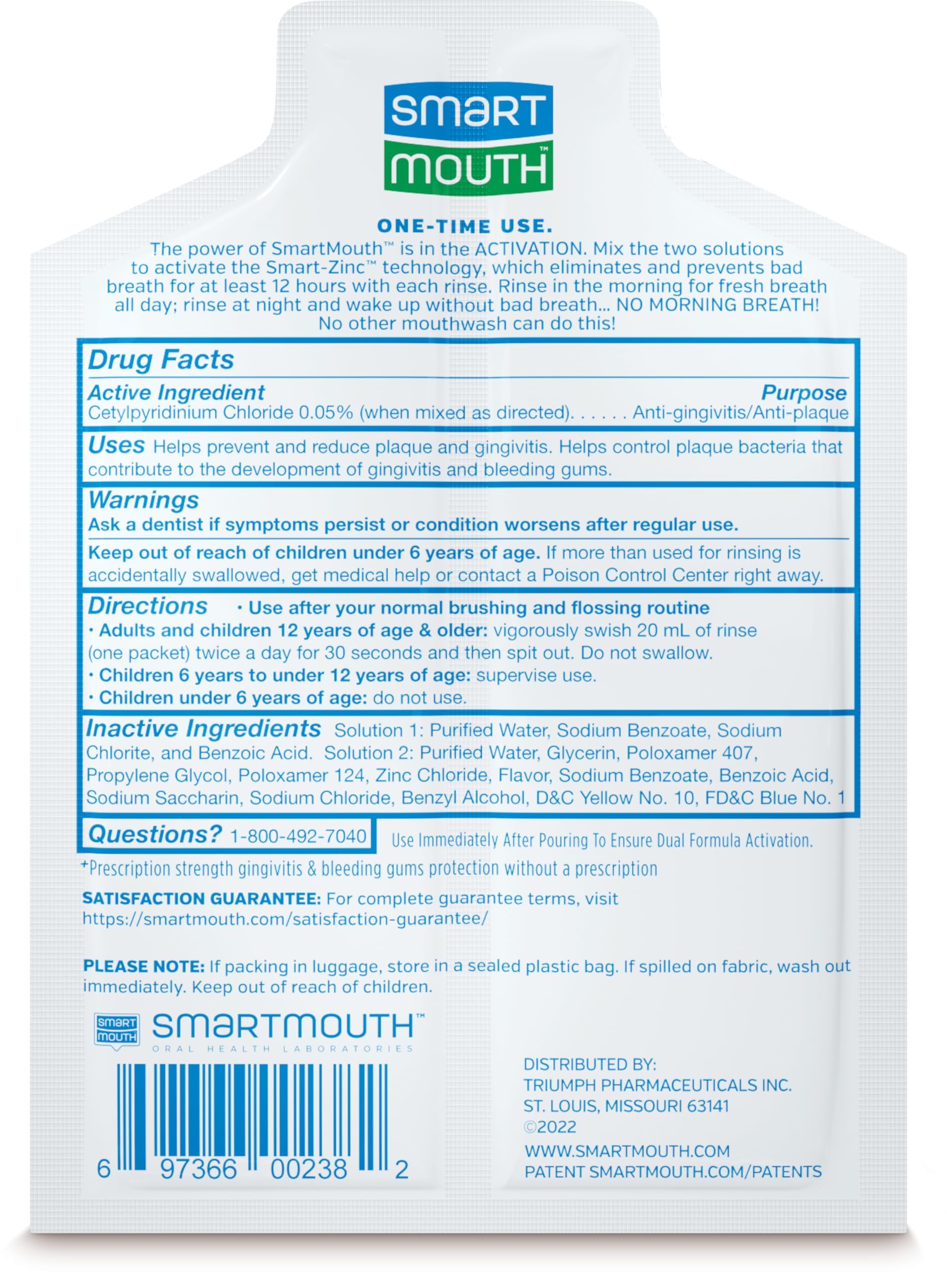 SmartMouth Clinical Rinse pack back view with label details and guarantee note.