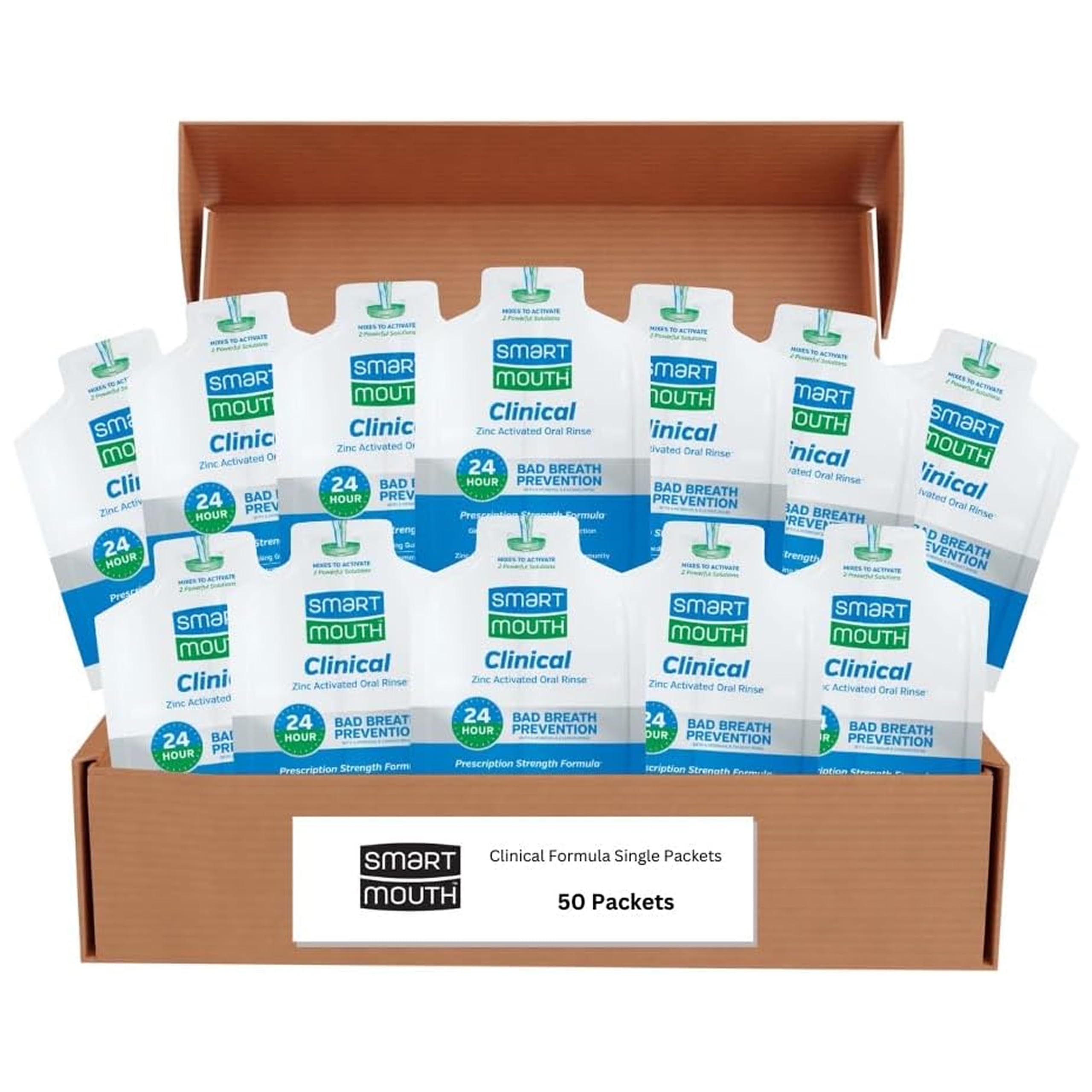 SmartMouth Clinical Rinse pack front view showing minty, alcohol-free formula for fresh breath.