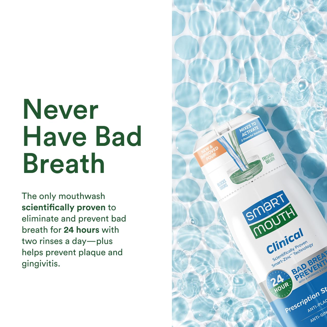 SmartMouth bottle cap twist illustrates convenient twice-daily rinse.