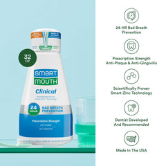 SmartMouth zinc-activated mouthwash label close-up shows alcohol- and sugar-free formula.