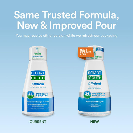 SmartMouth zinc-activated mouthwash pouring action for fresh breath throughout the day.