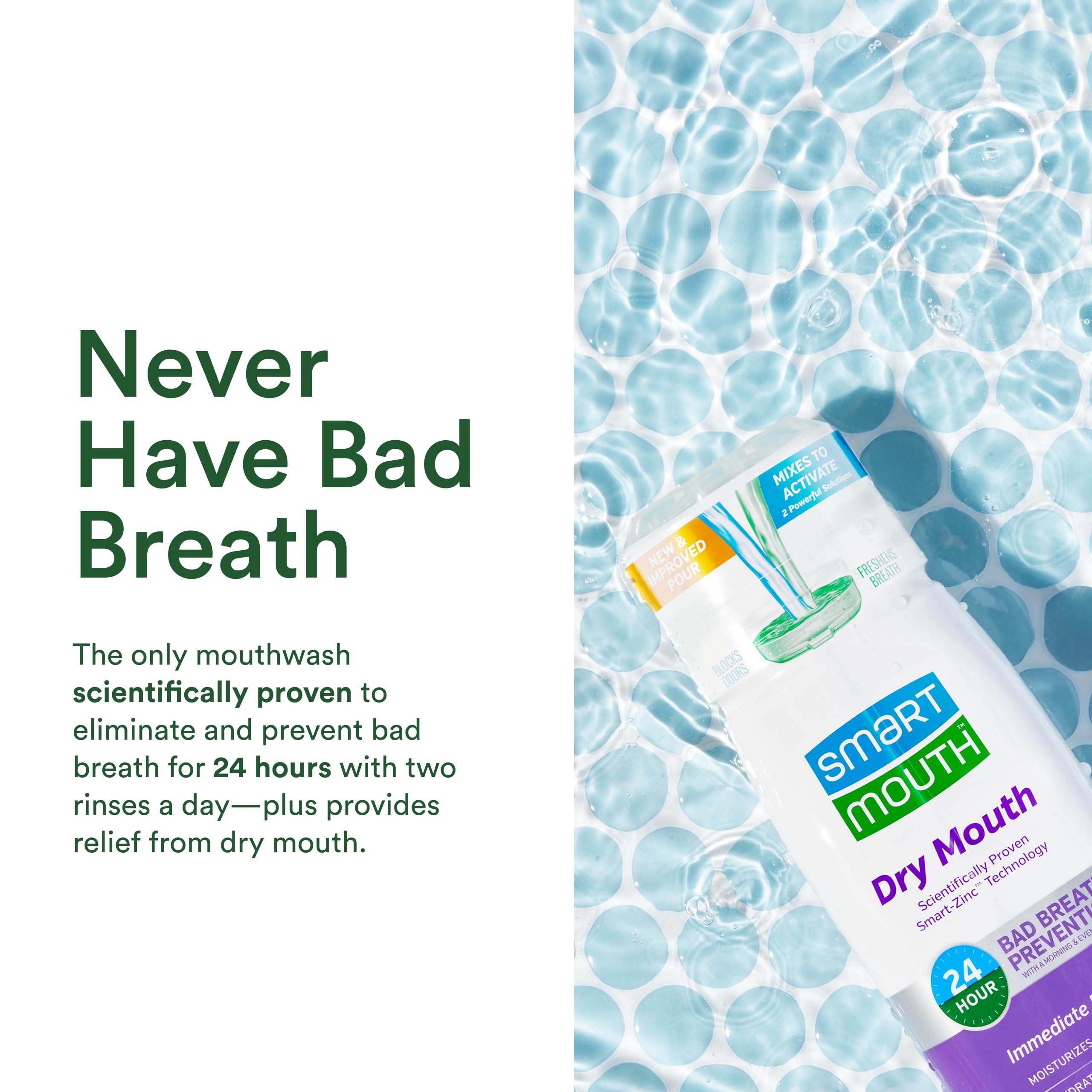 Close-up of SmartMouth mouthwash bottle showing label and features