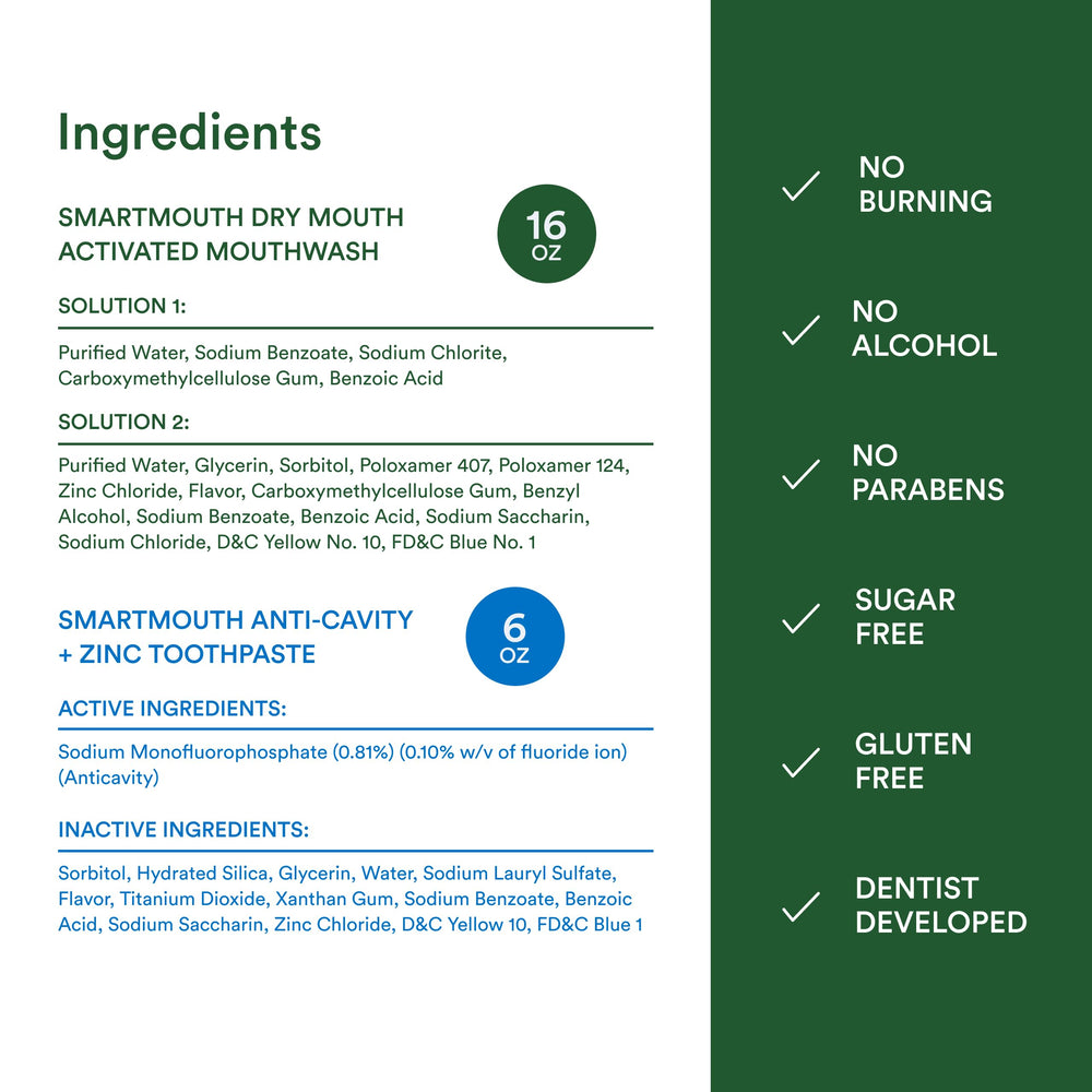 SmartMouth oral hygiene kit arranged on a bathroom counter