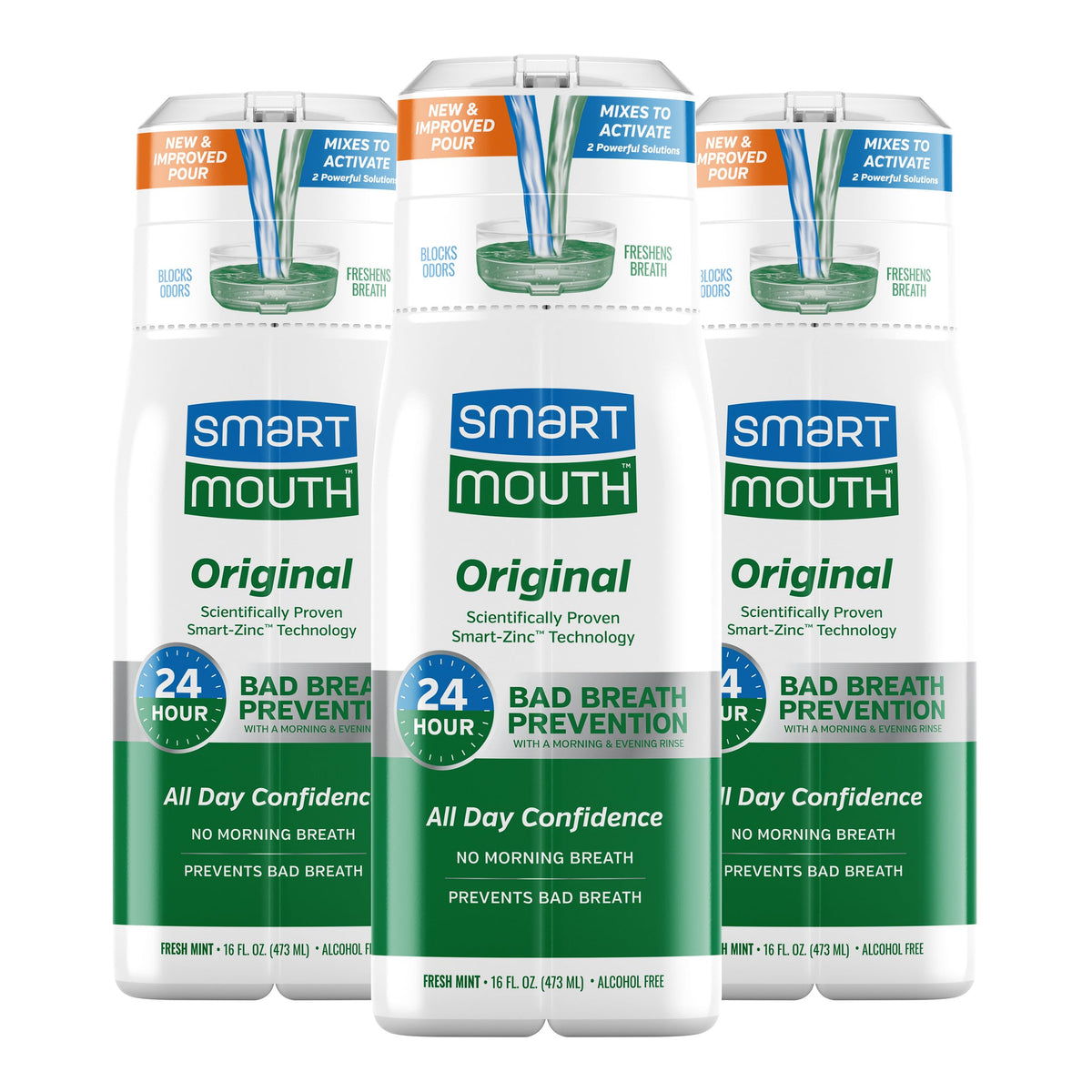 SmartMouth Original Activated mouthwash bottle offers long-lasting mint freshness for confident breath.