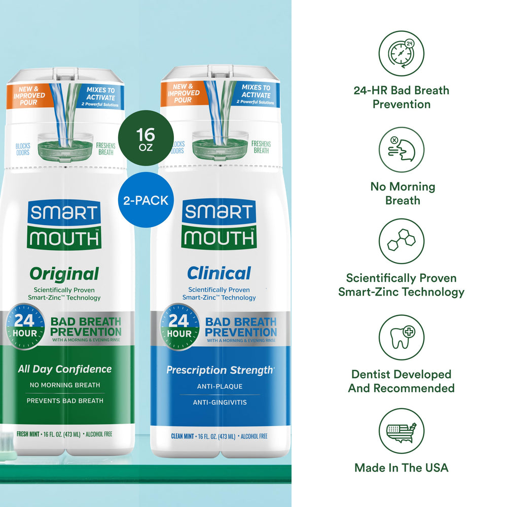SmartMouth Original Activated mouthwash label highlighting paraben-free and alcohol-free formula