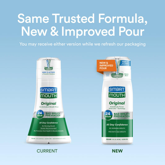 SmartMouth Original Activated mouthwash label highlights zinc formula for fresh breath.