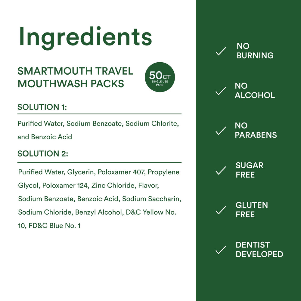 SmartMouth Original zinc-activated mouthwash packets showcasing alcohol-free formula.