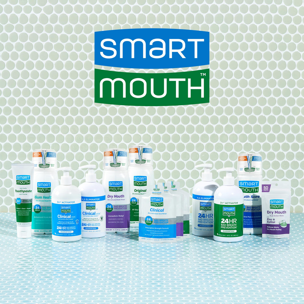 SmartMouth Original zinc-activated mouthwash packaging emphasizes dual-solution technology.