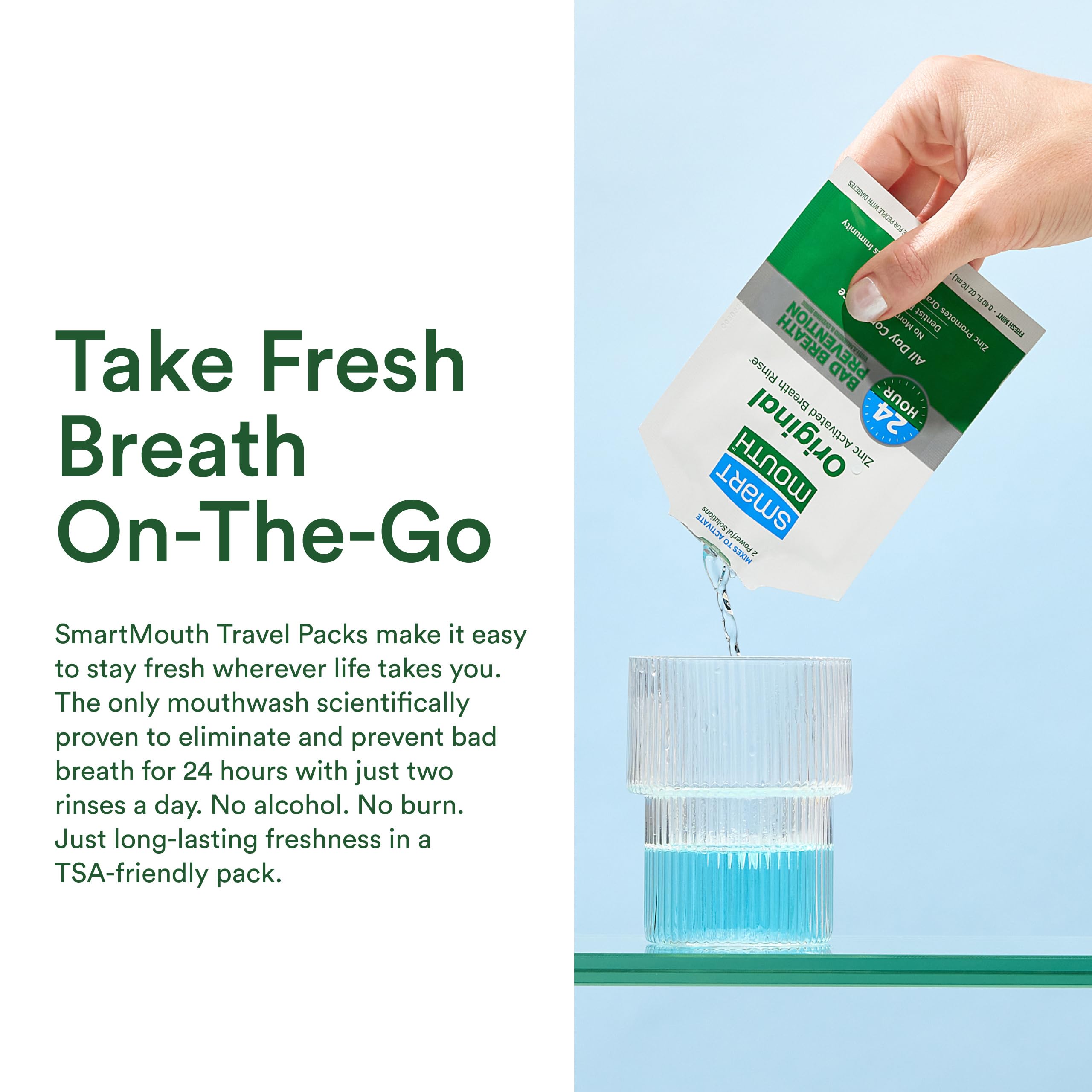 SmartMouth Original zinc-activated mouthwash single sachets ready to dispense with ease.