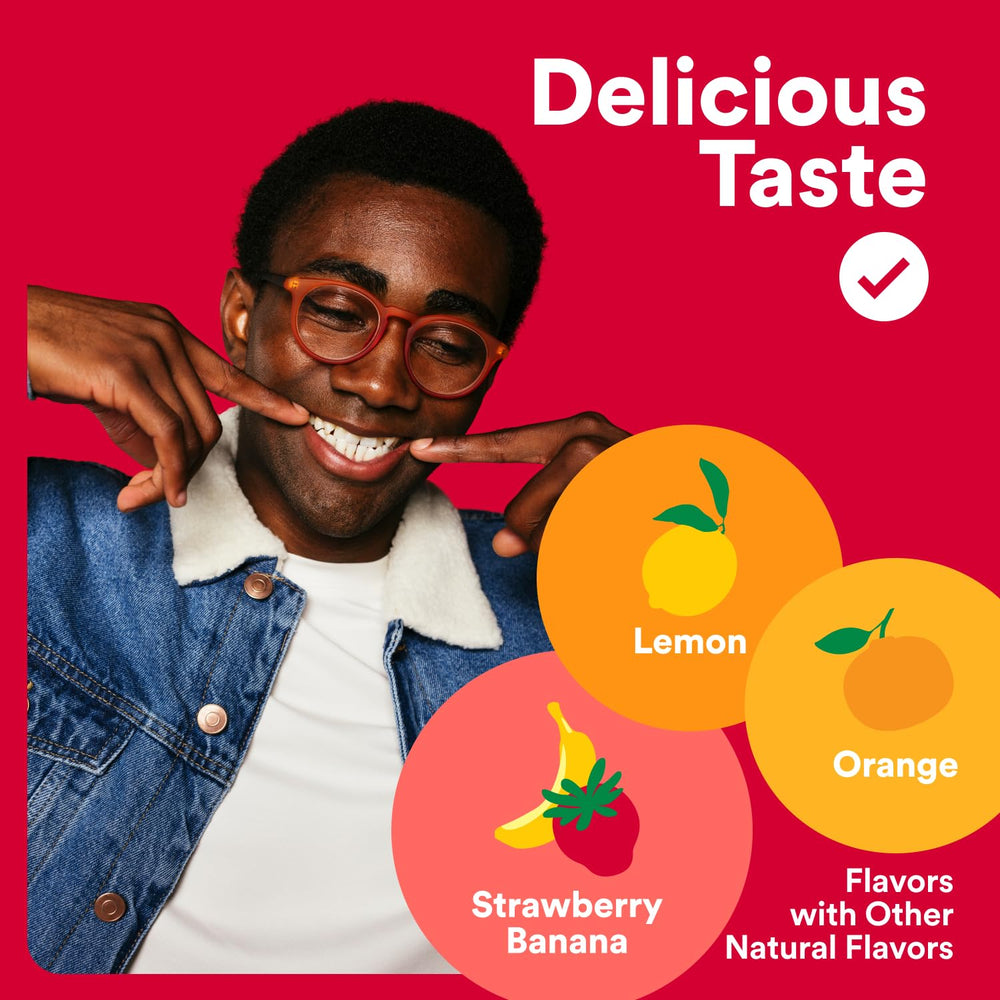 SmartyPants flavor icons indicate lemon, orange, and strawberry-banana tastes.