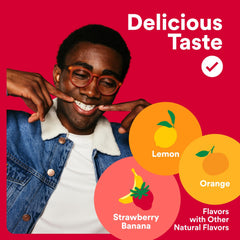 SmartyPants flavor icons indicate lemon, orange, and strawberry-banana tastes.