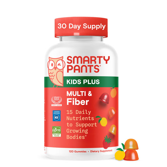 Smartypants Kids Multi Fiber bottle on shelf highlights premium daily vitamins and prebiotic fiber
