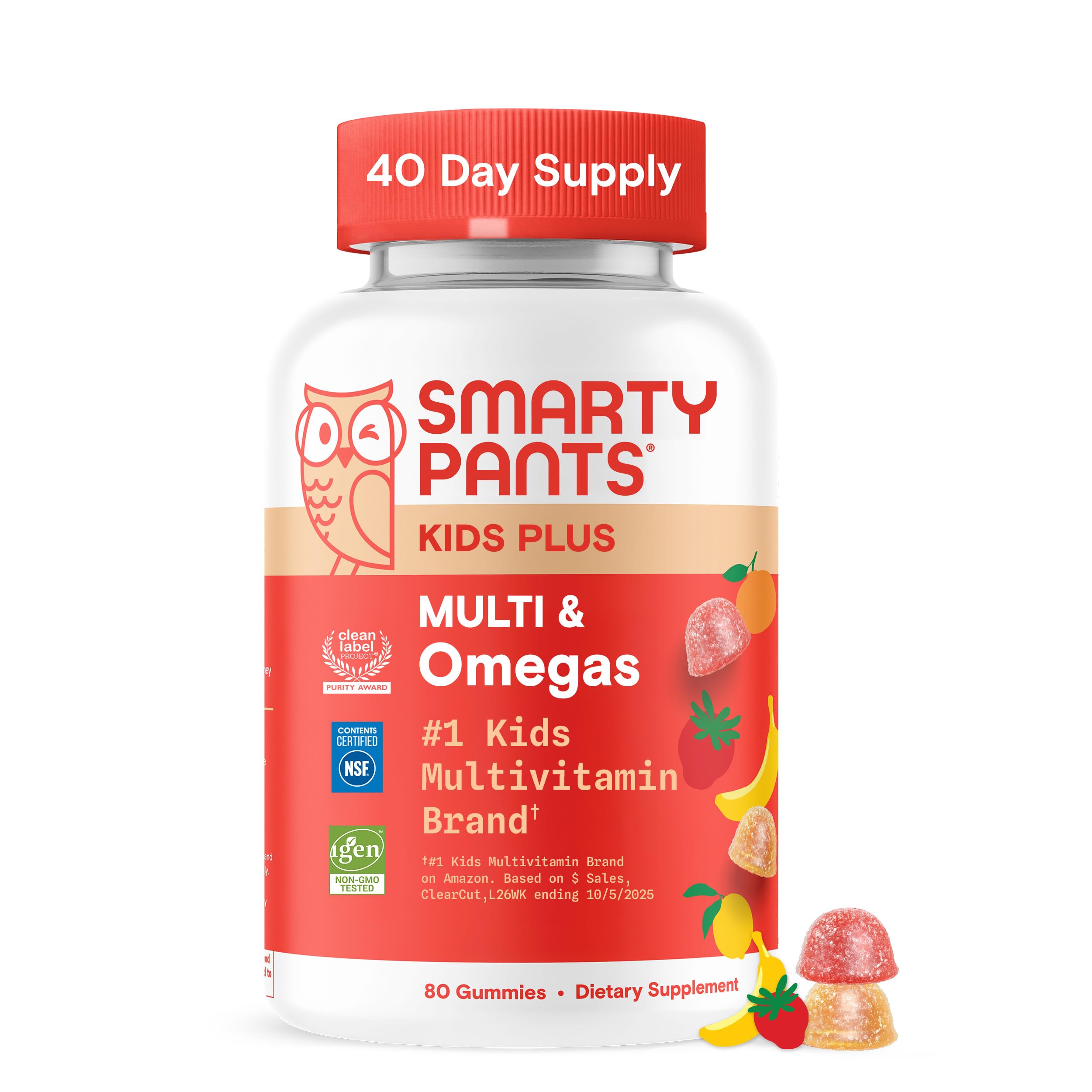 SmartyPants Kids Plus Omegas bottle front shows tasty gummies for daily nutrition