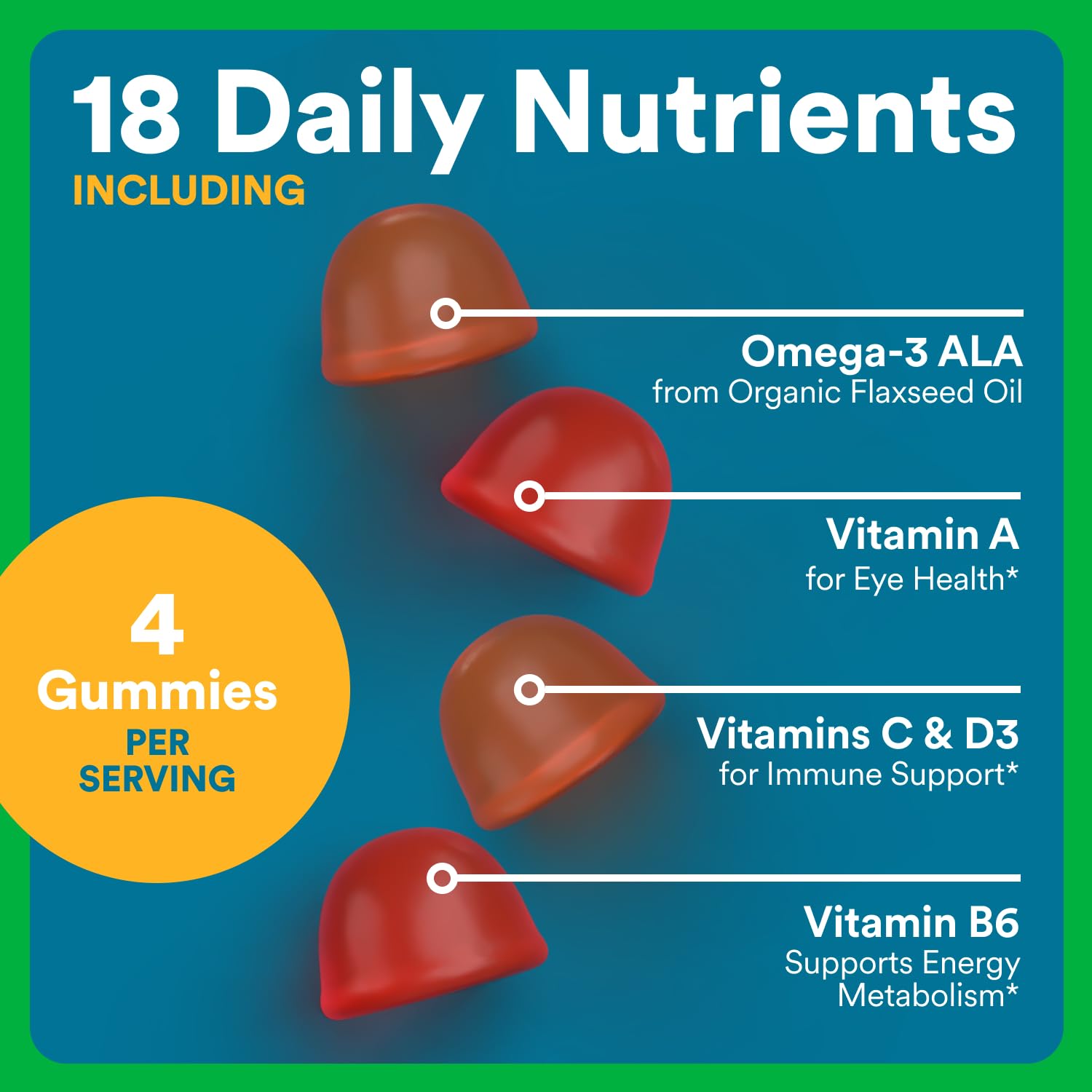 SmartyPants Omega-3 ALA gummies display plant-based fatty acids