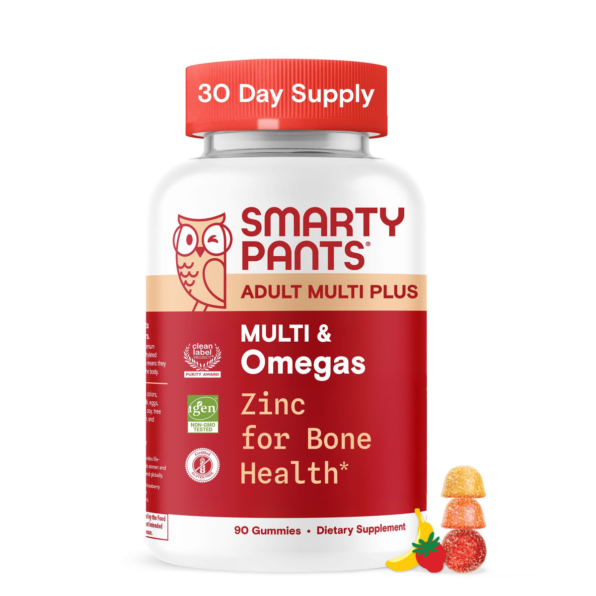 SmartyPants multivitamin gummies with omega-3 bottle front for daily wellness.