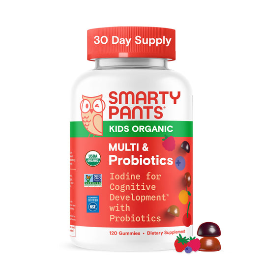 SmartyPants Organic Kids Multivitamin Gummies bottle front view for daily nutrient support.