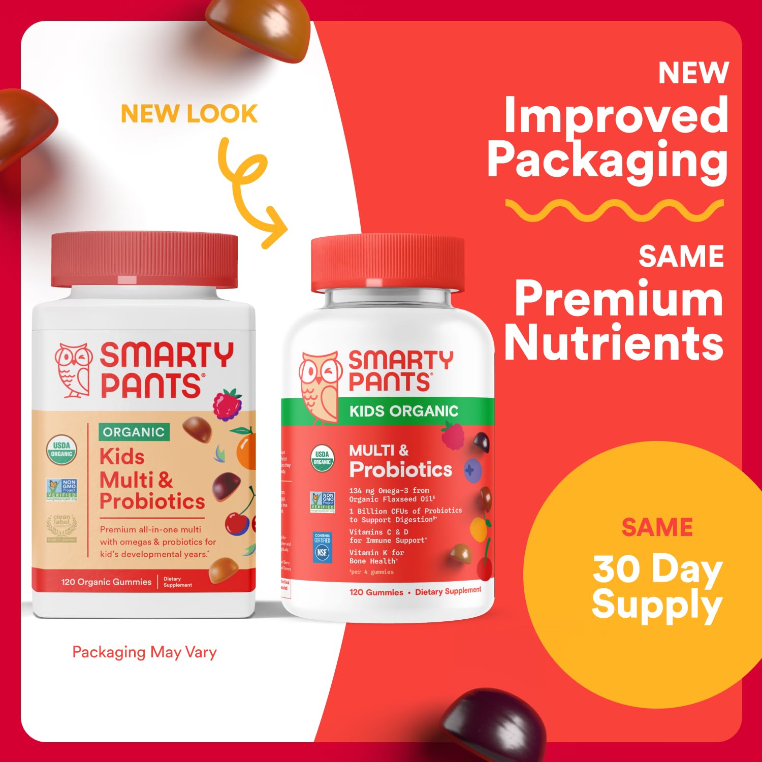 SmartyPants Organic Kids Multivitamin Gummies bottle side view for easy daily supplementation.