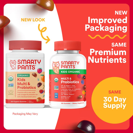 SmartyPants Organic Kids Multivitamin Gummies bottle side view for easy daily supplementation.
